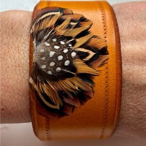 Leather Cuff Bracelet with Feather Design